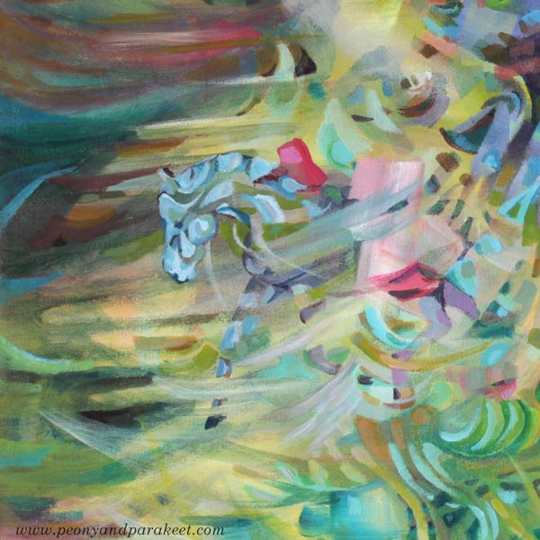 A detail of "Arotuuli / Steppe Wind", an acrylic painting by Paivi Eerola of Peony and Parakeet.