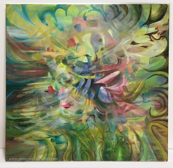 An intuitive acrylic painting in progress. By Paivi Eerola of Peony and Parakeet.