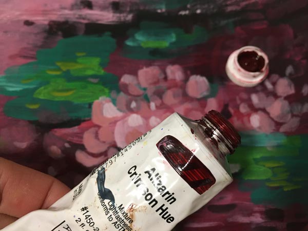 Alizarin Crimson, a beautiful red for color mixes. Manufactured by Golden Acrylics.