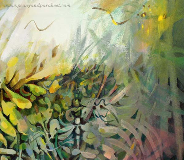 A detail of Call of the Sun, an acrylic painting of Paivi Eerola of Peony and Parakeet.