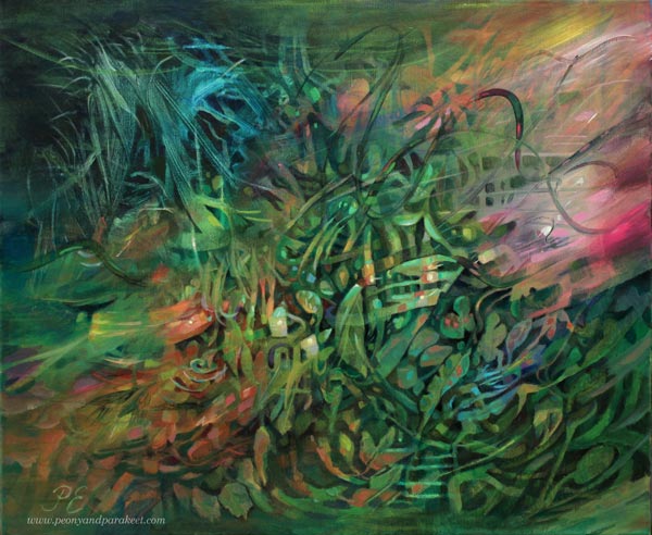 Elämän nälkä - Hunger for Life, an acrylic painting by Paivi Eerola of Peony and Parakeet.