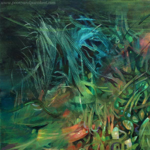 A detail of Hunger for Life, an acrylic painting by Paivi Eerola of Peony and Parakeet.