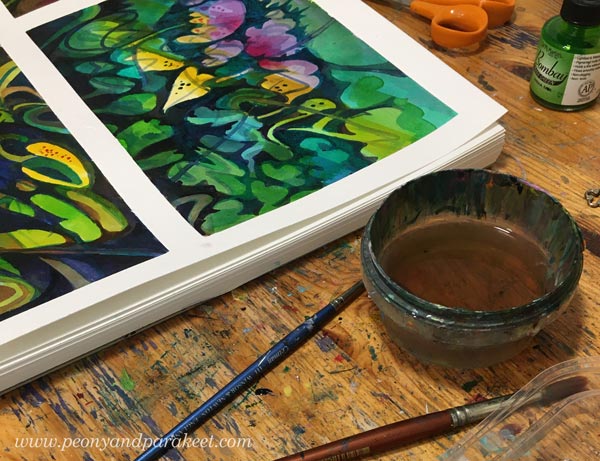Painting on a sketchbook. By Paivi Eerola of Peony and Parakeet.
