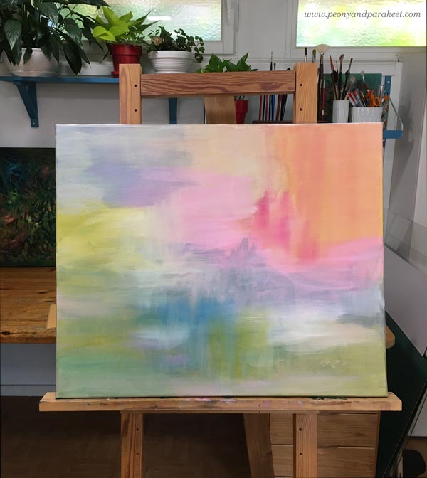 Starting a painting with the background. By Paivi Eerola of Peony and parakeet.