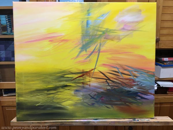 The first colorful layers of an acrylic painting. By artist Paivi Eerola of Peony and Parakeet.