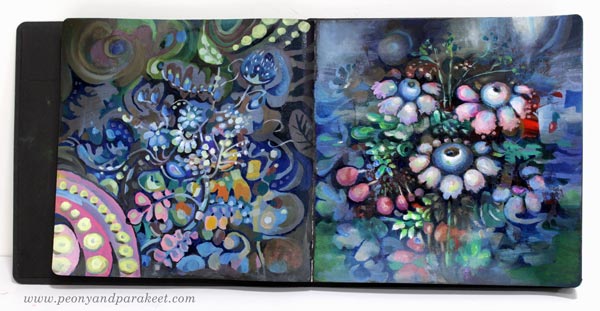 A decorative art journal spread on a black Dylusions Creative Journal. By Paivi Eerola of Peony and Parakeet.