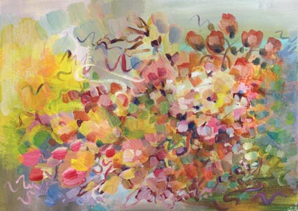 Flying Bouquet. A floral abstract painting by Paivi Eerola of Peony and Parakeet.