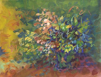 Impressionistic Stillife. A floral abstract painting by Paivi Eerola of Peony and Parakeet.