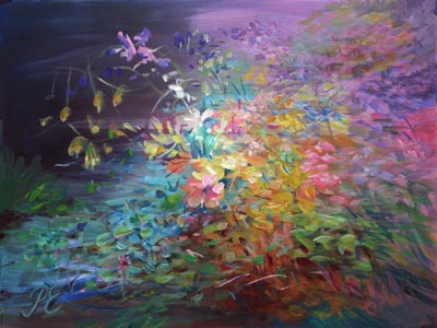 Flowering Earth. A floral abstract painting by Paivi Eerola of Peony and Parakeet.