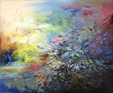 Cornflower Night. A floral abstract painting by Paivi Eerola of Peony and Parakeet.