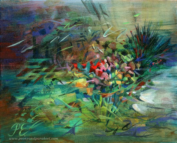 Mennyt tulee takaisin - Past Comes Back, an acrylic painting by Paivi Eerola of Peony and Parakeet. Watch how she creates this in a video. See her examples of painting poems! 