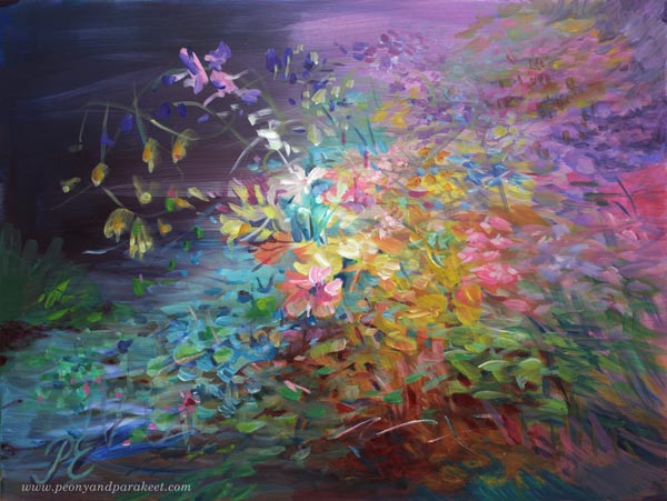 Kukkiva maa - Flowering Earth, an acrylic painting by Paivi Eerola. Based on an old poem, watch Paivi's video about painting poems!