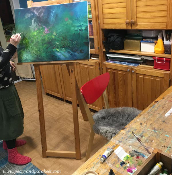 Oil painting in progress. By Paivi Eerola of Peony and Parakeet.