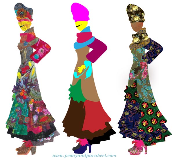 Collaged fashionistas in paper and in digital form. By Paivi Eerola of Peony and Parakeet.