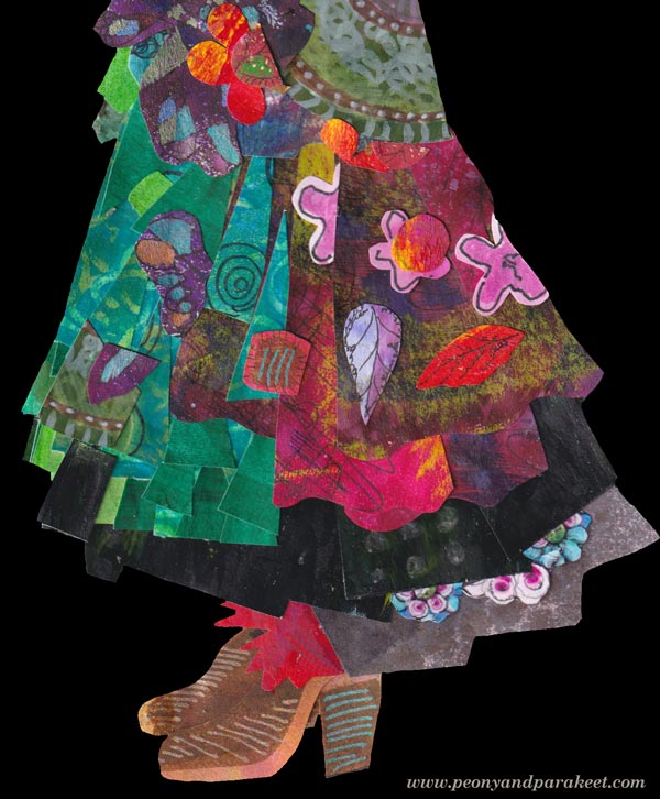 A detail of a collaged paper doll. By Paivi Eerola of Peony and Parakeet.