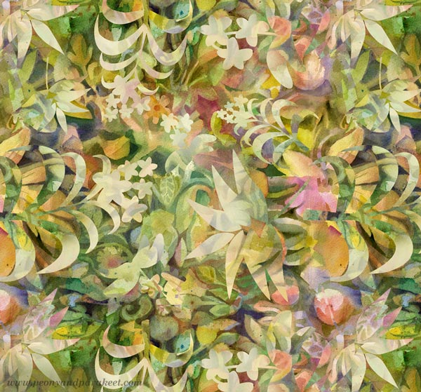 A watercolor batik surface pattern design by Paivi Eerola of Peony and Parakeet.