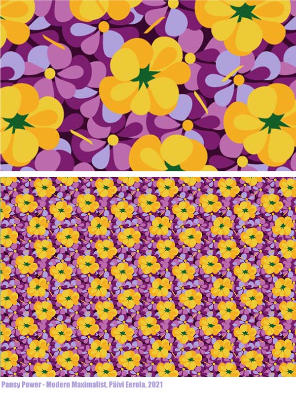 Pansy Power, a surface pattern by Paivi Eerola. From the collection Modern Maximalist.