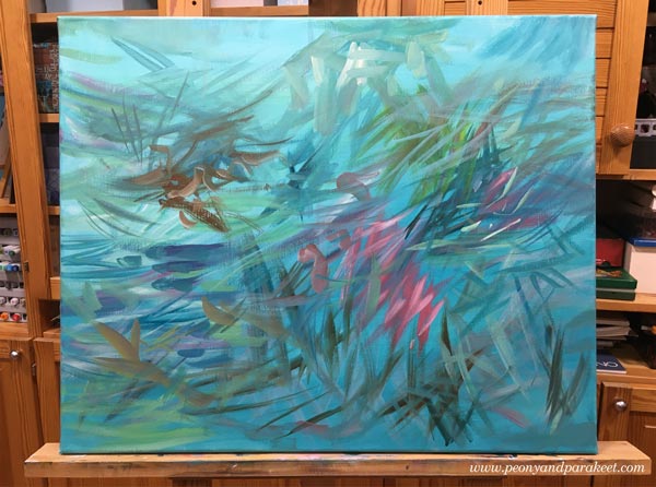 Intuitive painting in progress. By Paivi Eerola of Peony and Parakeet.