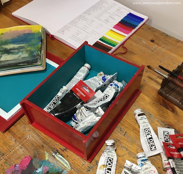 Acrylic paints, brushes, and a color chart. By Paivi Eerola of Peony and Parakeet.