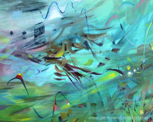 A detail of an intuitive abstract painting. By Paivi Eerola of Peony and Parakeet.