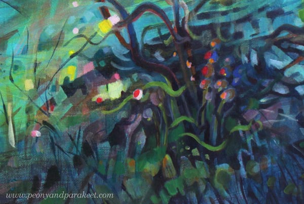 A detail of an intuitive abstract painting. By Paivi Eerola of Peony and Parakeet.