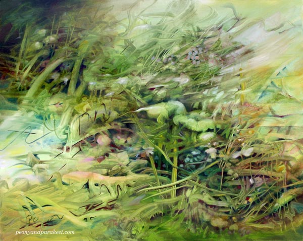 "Unchanging" - an oil painting by artist Paivi Eerola of Peony and Parakeet.