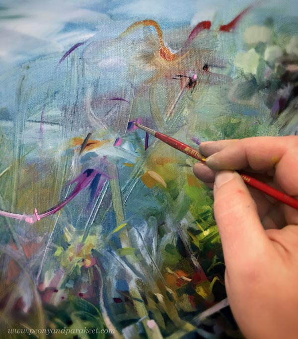 Painting abstract art, by Paivi Eerola of Peony and Parakeet.