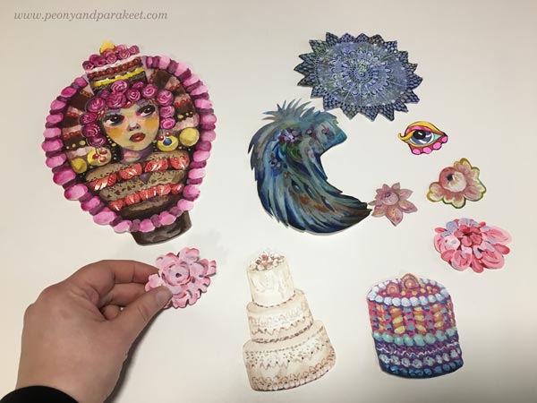 Arranging handpainted collage pieces