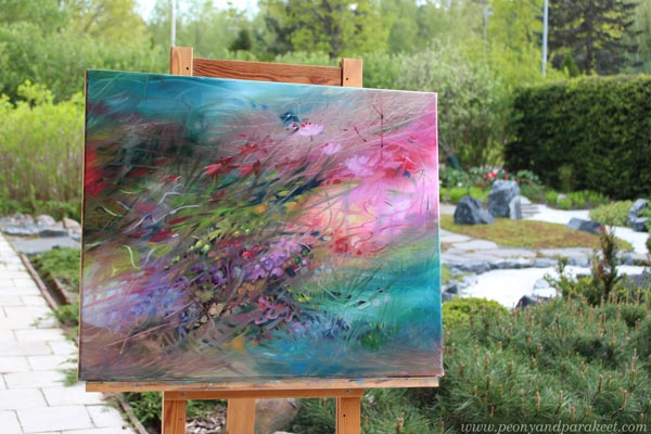 Painting in progress. By Paivi Eerola of Peony and parakeet.