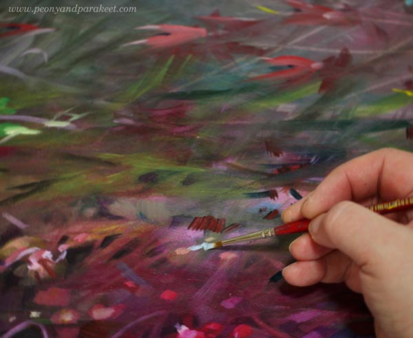 An oil painting in progress. Painting details. By Paivi Eerola of Peony and Parakeet.