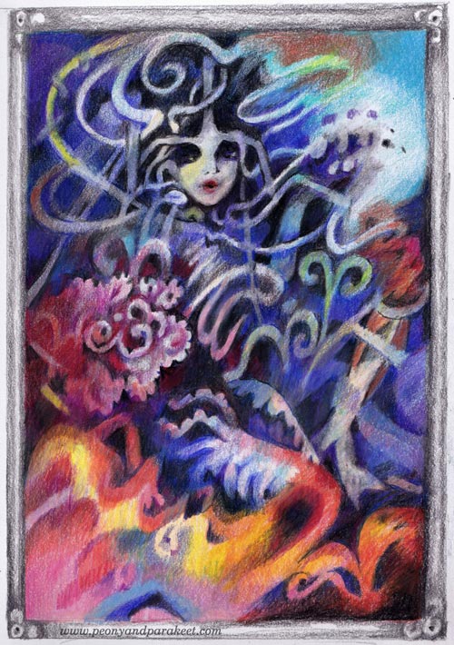 An illustration of a fantasy woman. Colored pencil art by Paivi Eerola of Peony and Parakeet.