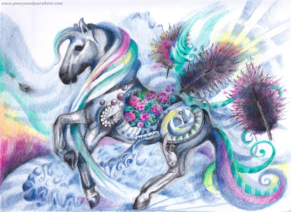 Fantasy horse drawing in colored pencils by Paivi Eerola of Peony and Parakeet.