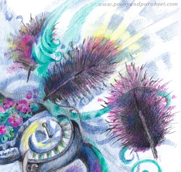 Colored pencil fantasy art, a detail. By Paivi Eerola of Peony and Parakeet.