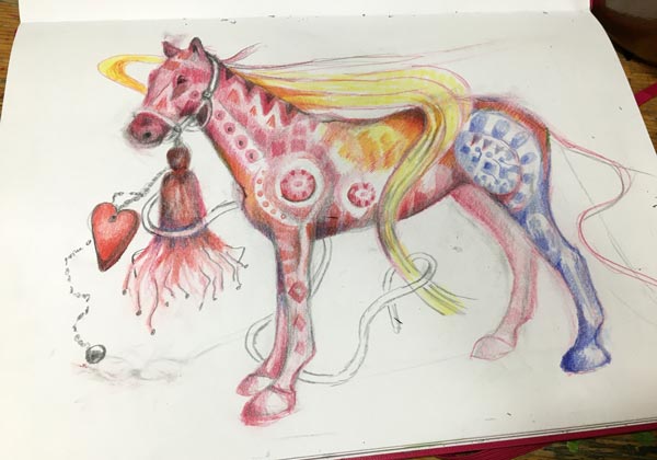Colored pencil drawing in progress.
