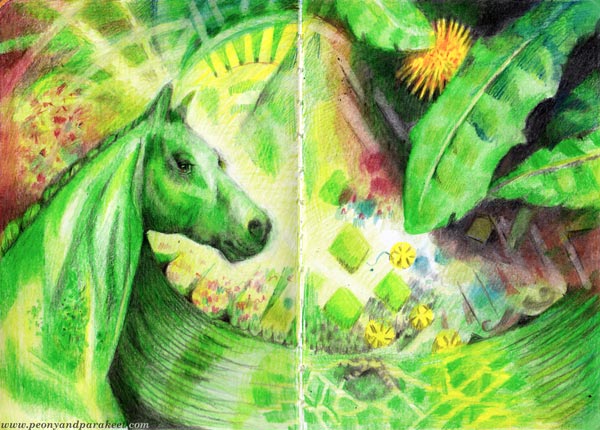 Moss horse, lemons and dandelions. Colored pencil journal spread by Paivi Eerola of Peony and Parakeet.