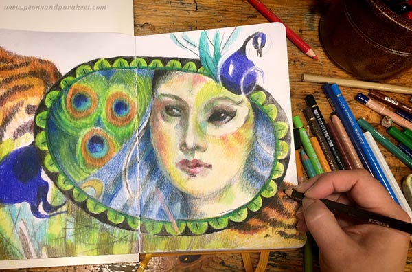Coloring a page for a visual diary.