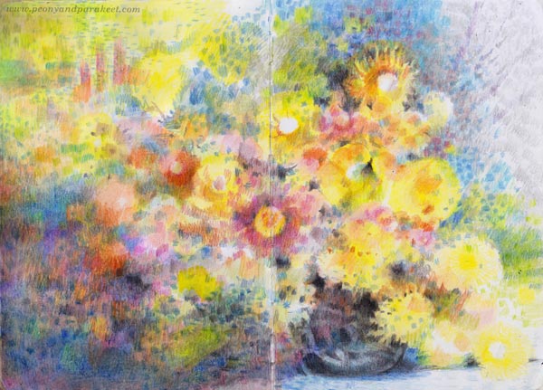 Color like Monet, a spread in a colored pencil journal by Paivi Eerola of Peony and Parakeet.