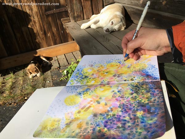 Archer and Olive blank notebook as an art journal. Using colored pencils outdoors.