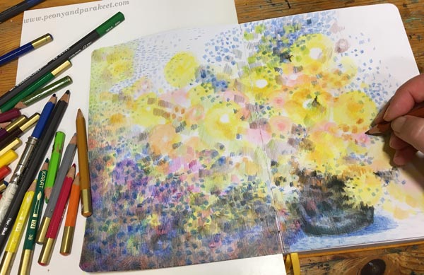 Step 4 of Color Like Monet, step by step instructions for colored pencils.
