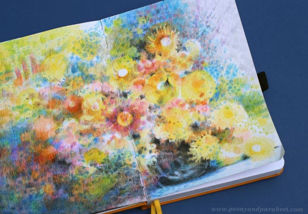 A closeup of a colored pencil journal by Paivi Eerola.