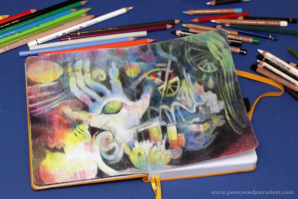 A colored pencil diary by Paivi Eerola. Art journaling in colored pencils.