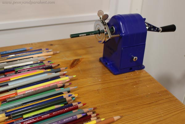 Caran d'Ache metal pencil sharpener in action.