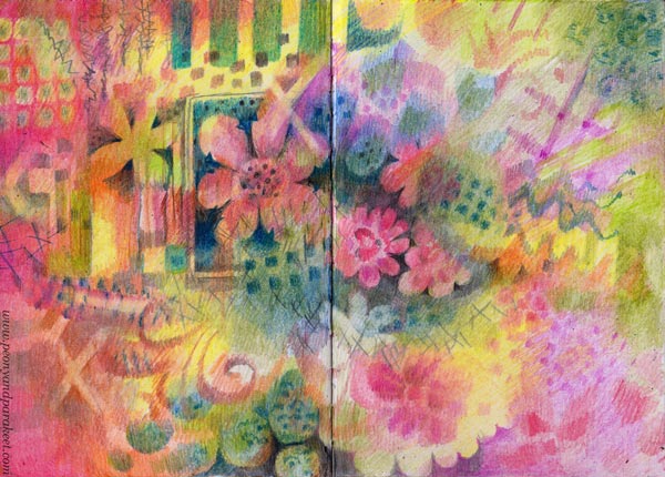 A flowery art journal spread with colored pencils. By Paivi Eerola of Peony and Parakeet.