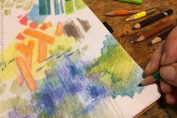 Imitating watercolor splashes with colored pencils.