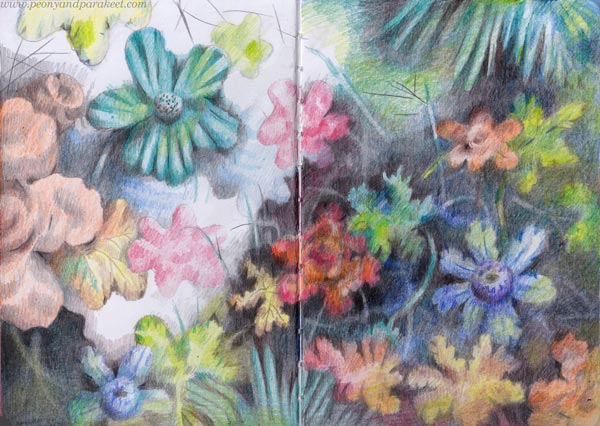 Joyful flowers - a spread in a colored pencil journal. By Paivi Eerola of Peony and Parakeet.
