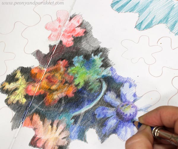 Drawing joyful flowers - coloring freely with colored pencils. No references, only imagination.