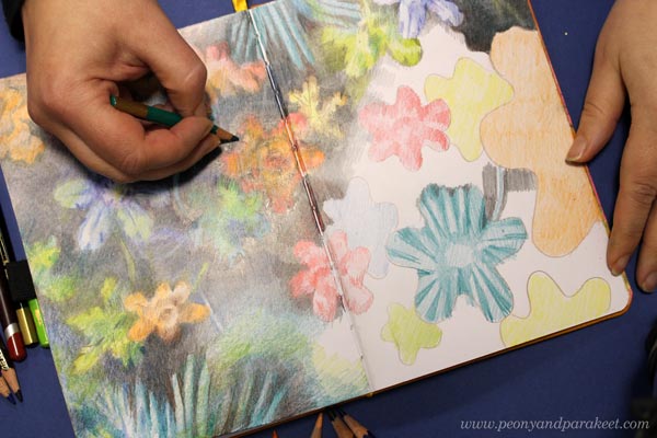 Coloring freely with colored pencils. From blobs to joyful flowers.