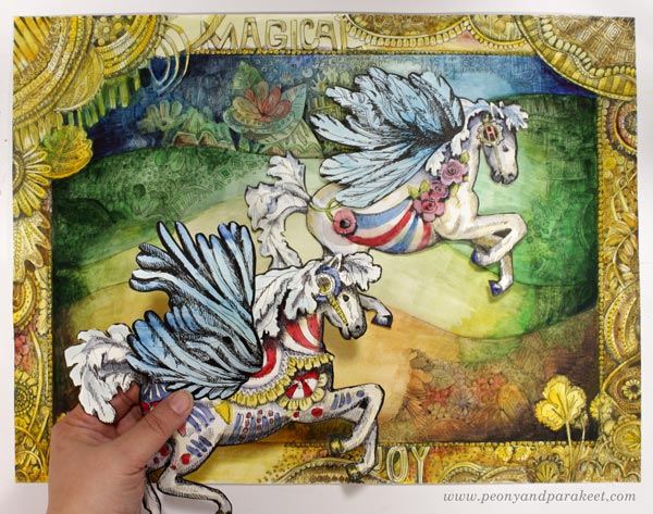 Hand-drawn paper horses and a decorated background. Drawing a fantasy horse.