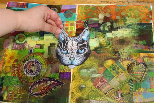 Paivi Eerola's drawing classes. Here's a cat from Magical Inkdom and a journal spread made from older collage pieces, inspired by the class Collageland.