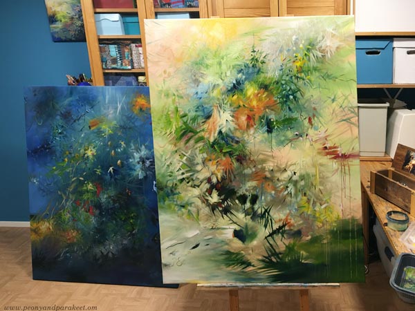 Two big oil paintings in a small studio. By Paivi Eerola, Finland. Read what she thinks about inspiration and style.